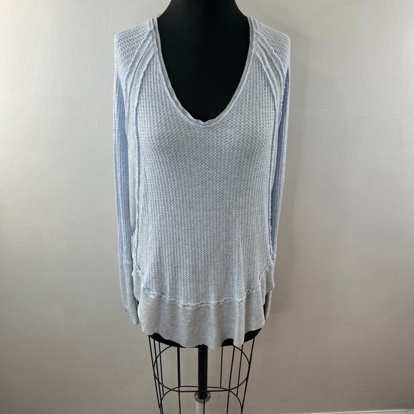 We The Free People Blue Catalina Top Thermal Waffle Knit Ruffled Hem Sz S Small - Picture 2 of 10